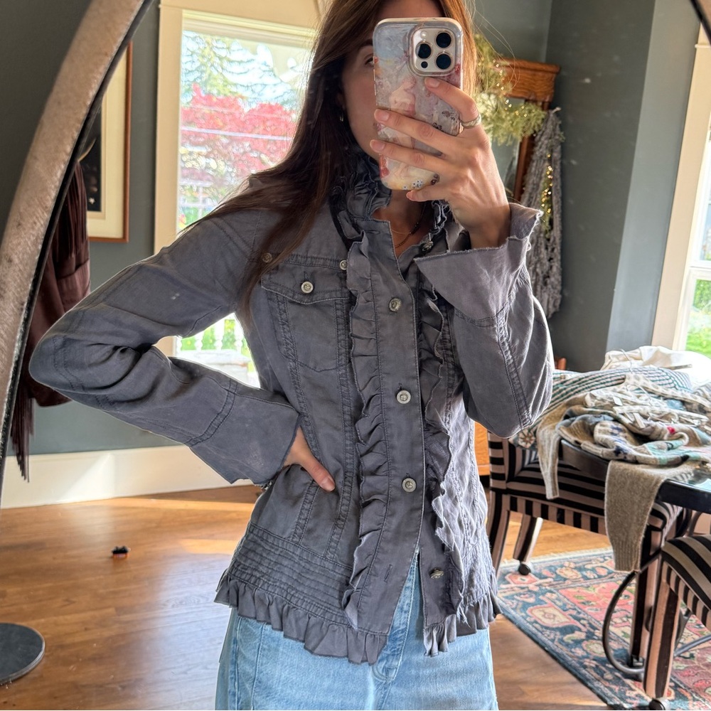 Twisted Heart Y2K vintage Gray Linen Ruffle Jacket Small
